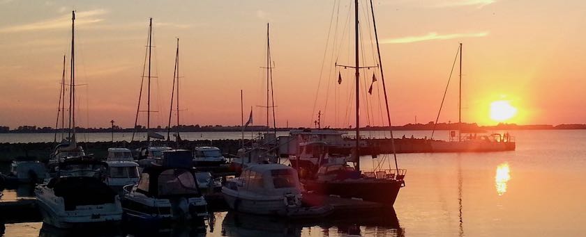 Boats in a harbor at sunset