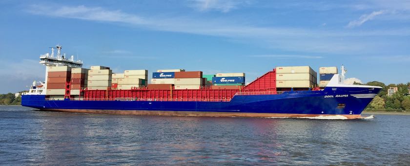 Container ship sailing on the Elbe (nearby Hamburg, Germany)