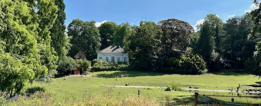 A house with a lake and meadow in front, surrounded by trees